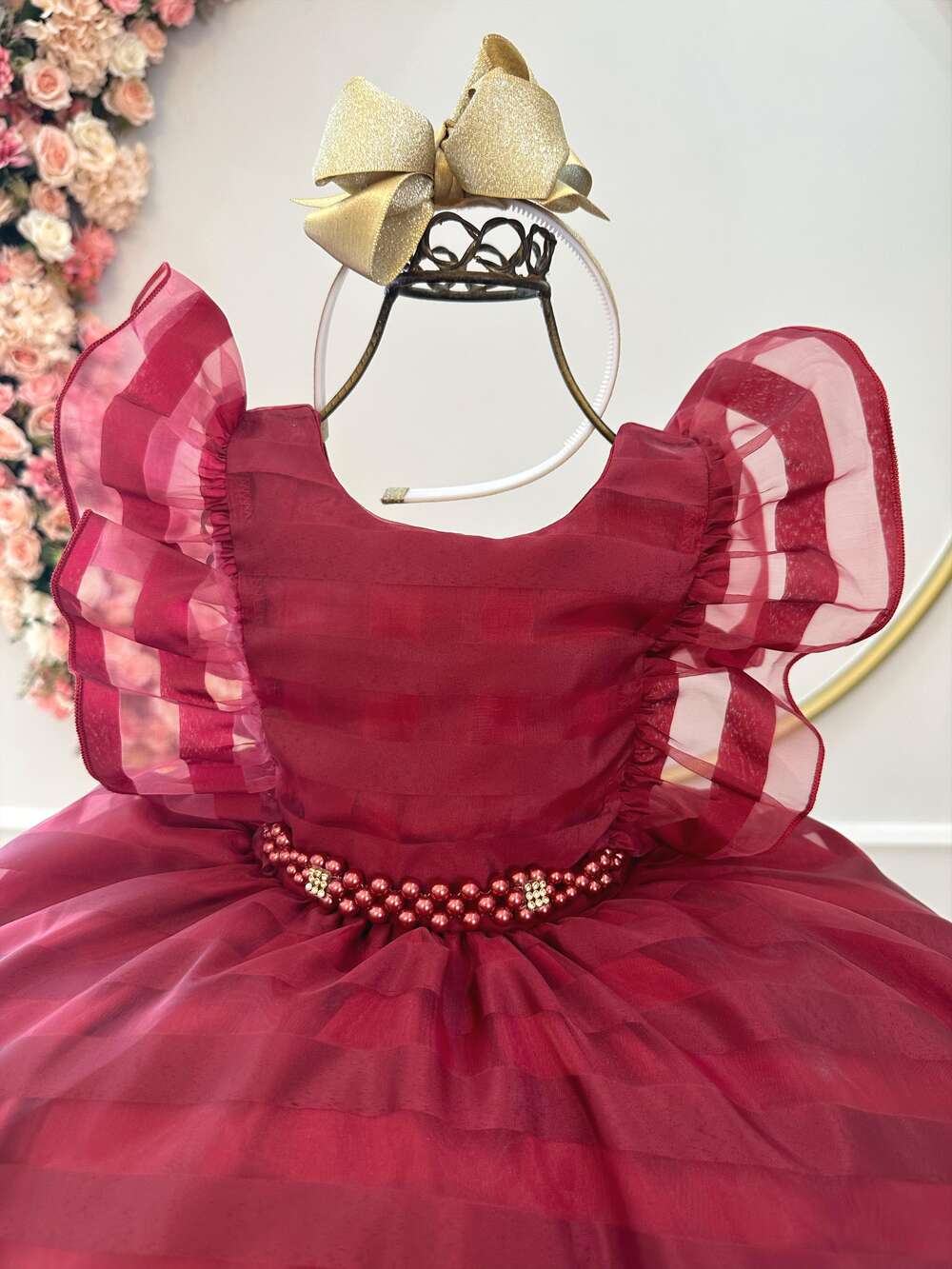 Vestido Infantil Marsala Organza Listrado C/ Pérolas Damas