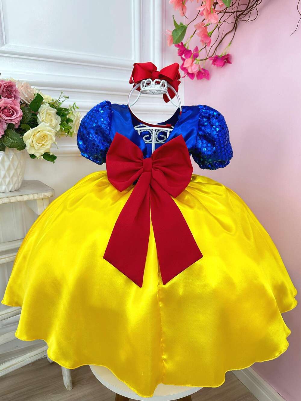 Vestido Infantil Branca de Neve C/ Aplique de Laço Festas