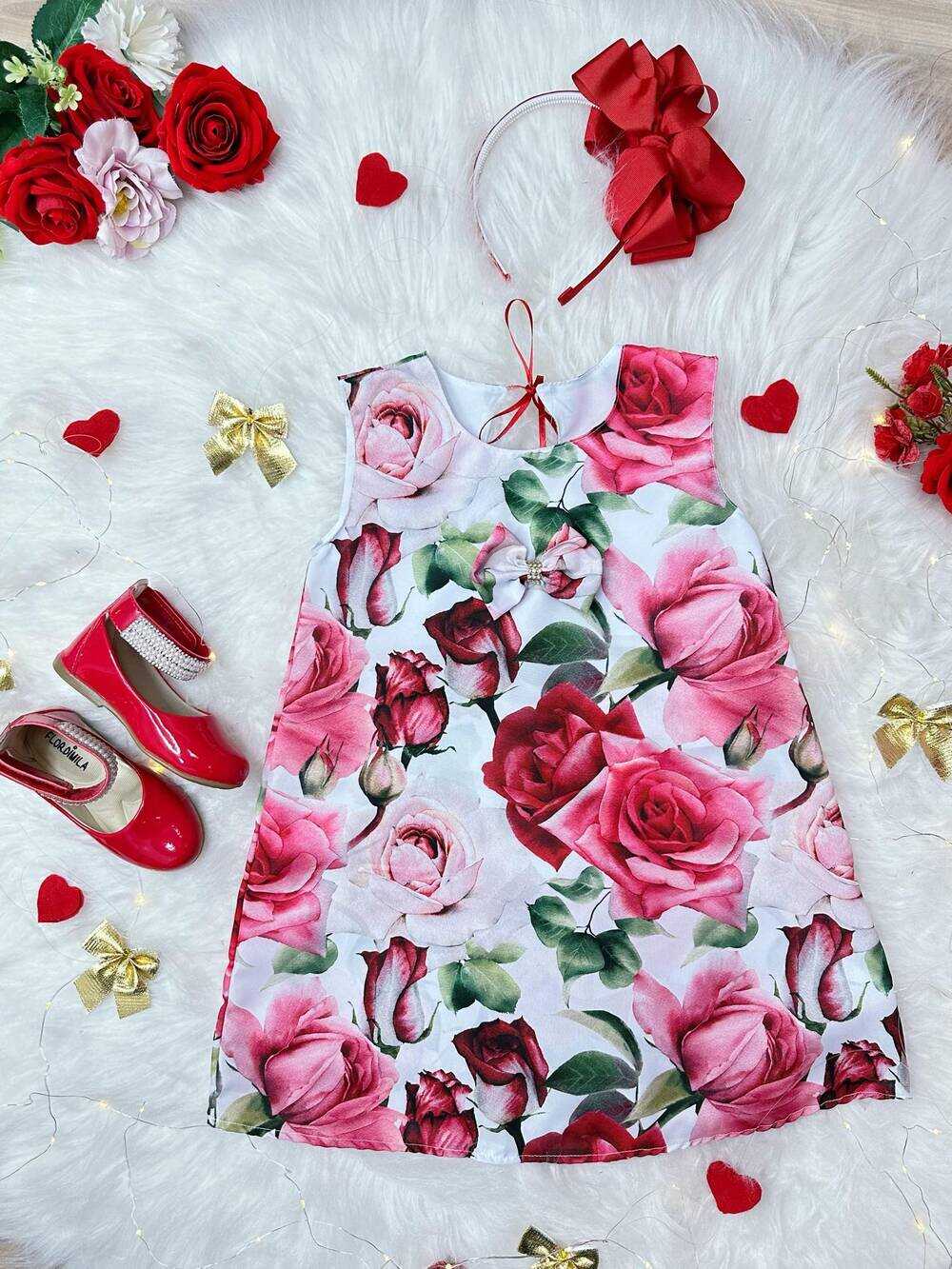 Vestido Infantil Trapézio Branco Florido de Rosas Festas