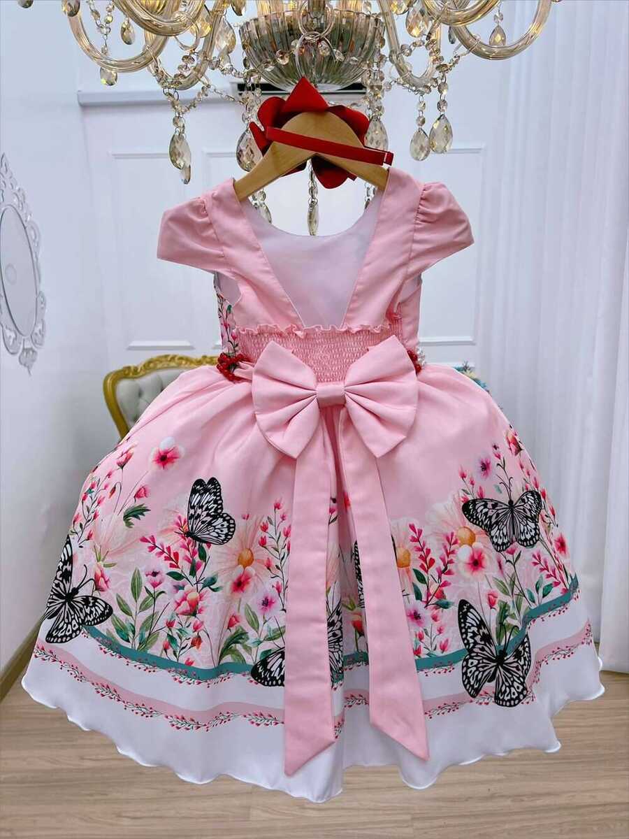 Vestido Infantil Rosa Borboletas Florido Cinto de Pérolas