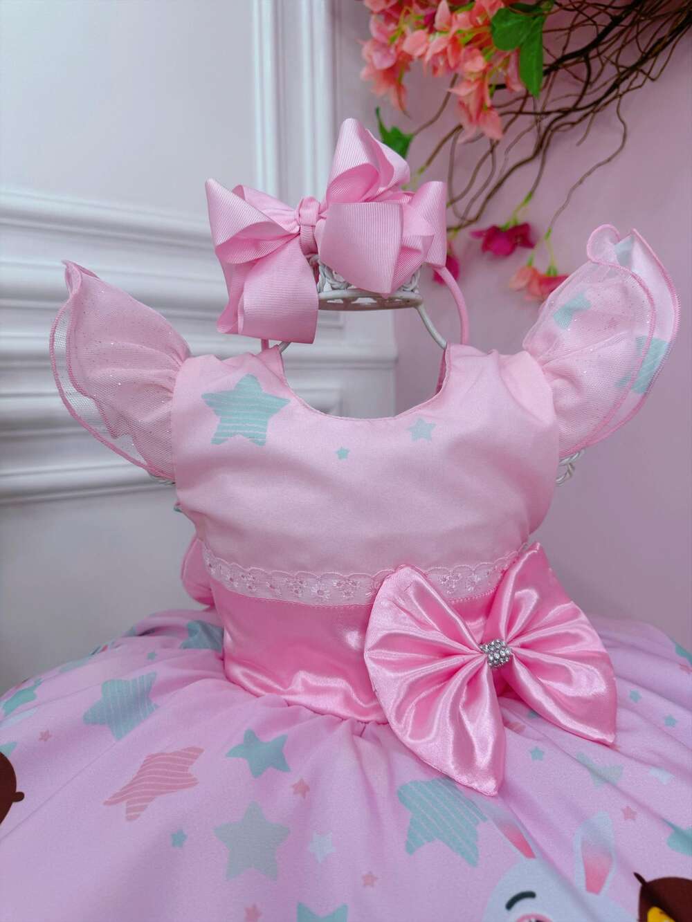 Vestido Infantil Bolofofos Rosa C/ Broche de Lacinho Luxo