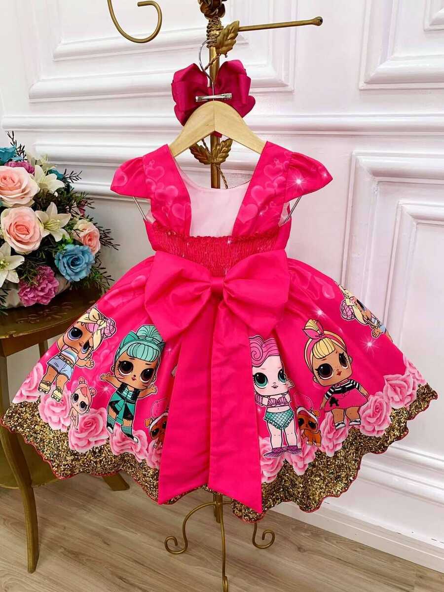 Vestido Infantil Pink Lol Florido C/ Broches de Laçinhos