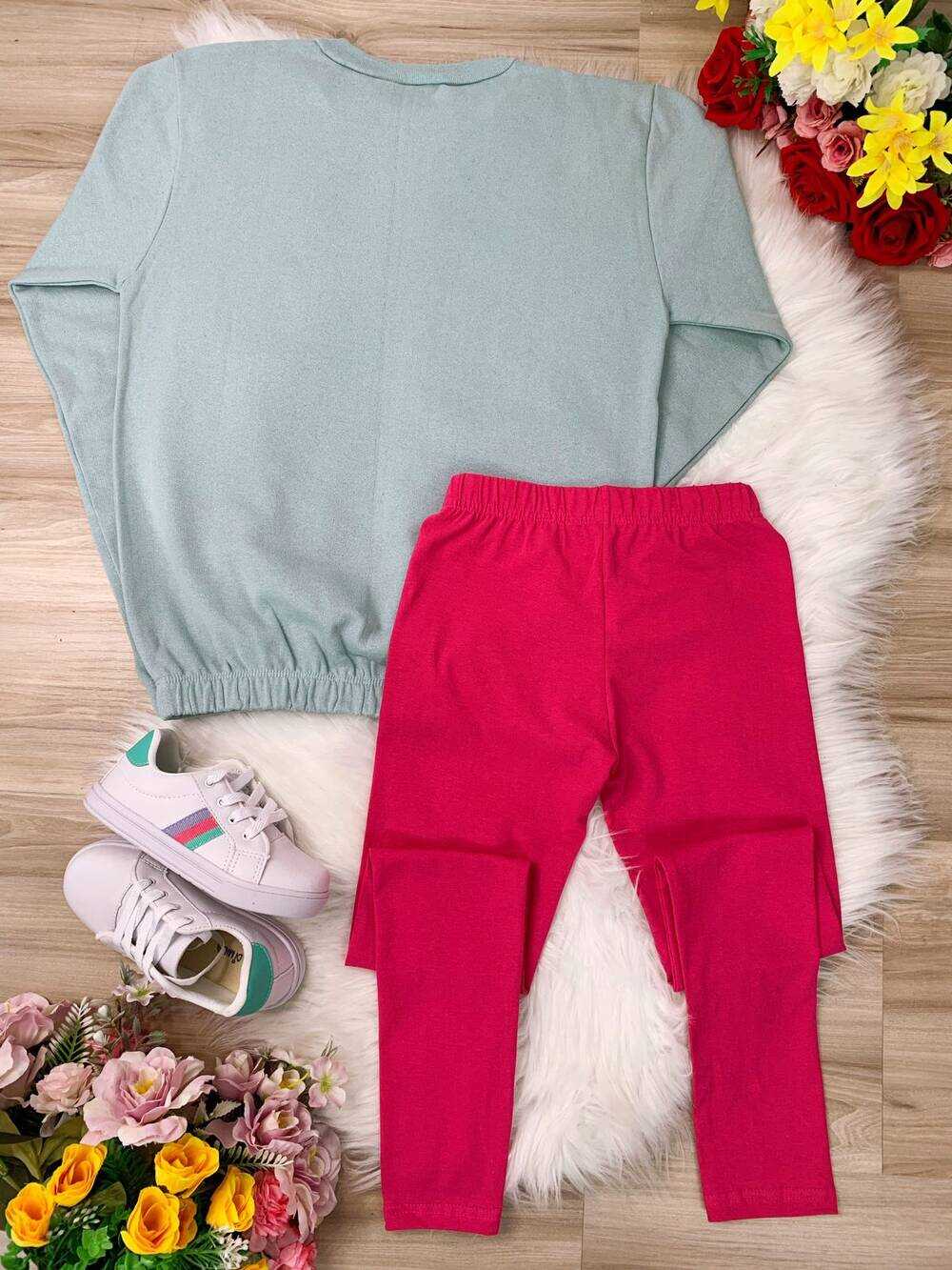 Conjunto de Moletom Blusa Verde e Calça Pink Too Cute