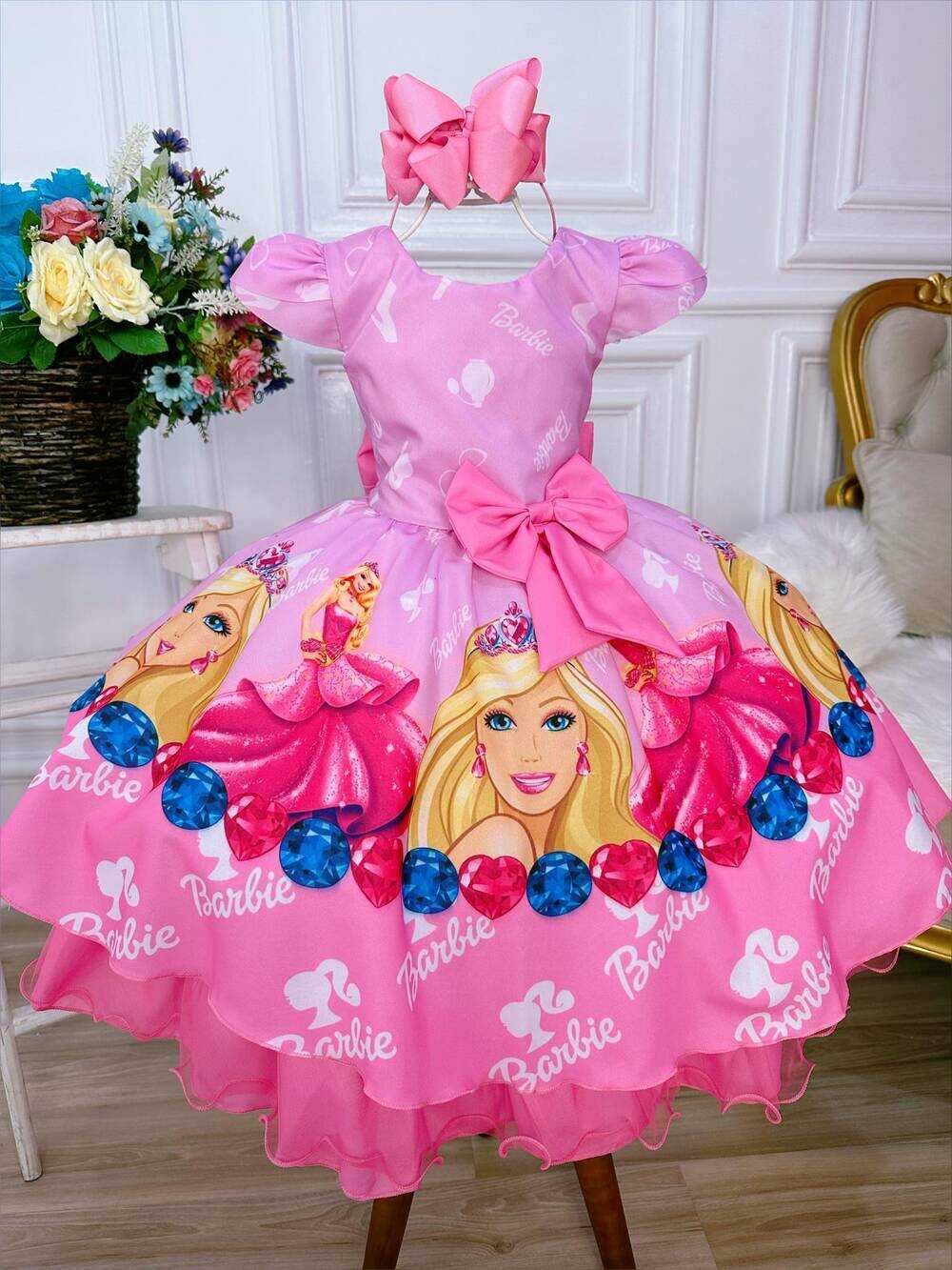 Vestido Infantil Princesa Barbie Rosa Com Aplique de Laço