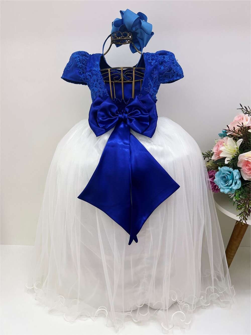 Vestido Infantil Azul Royal e OFF Damas Honra e Casamento