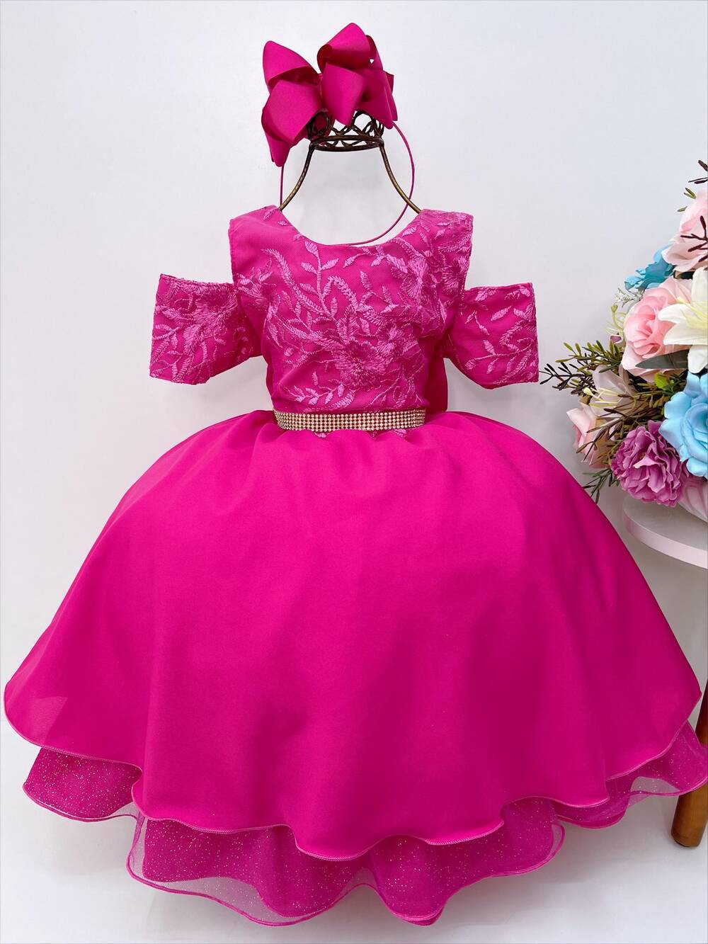 Vestido Infantil Pink Renda Cinto Strass Luxo