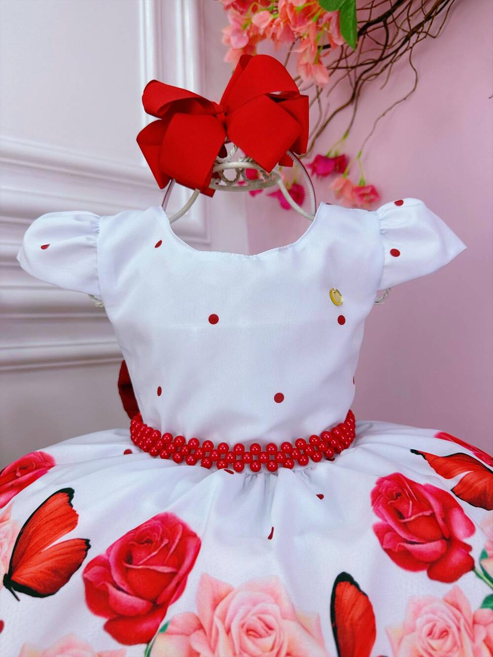 Vestido Infantil Branco Florido de Vermelho Primavera