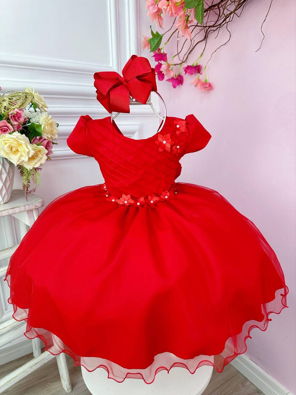 Vestido Infantil Vermelho Busto Plissado Flores Festas Natal