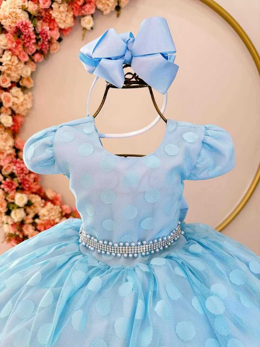 Vestido Infantil Azul Poá Com Cinto de Strass e Pérolas