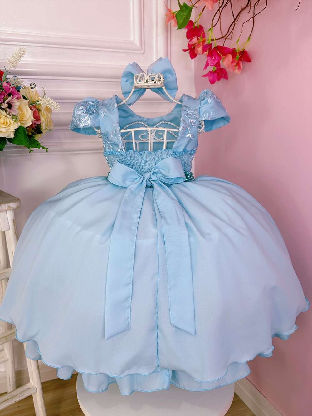 Vestido Infantil Azul C/ Renda e Cinto de Pérolas Laço