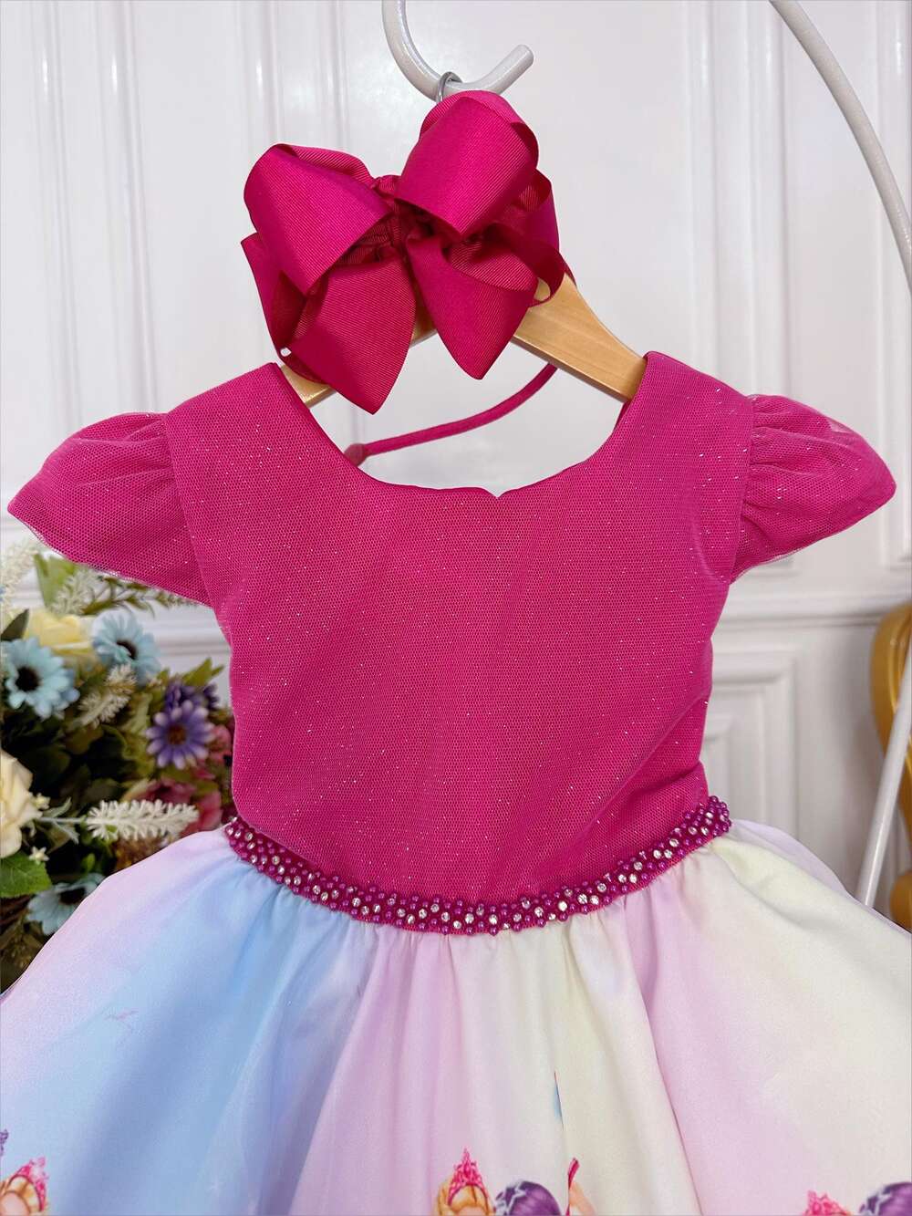 Vestido Infantil Princesa Festa da Barbie Pink Peito Glitter