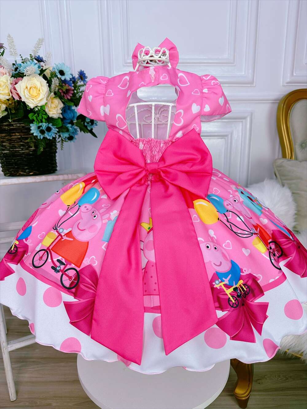 Vestido Infantil Família Peppa Brincando Rosa C/ Laço