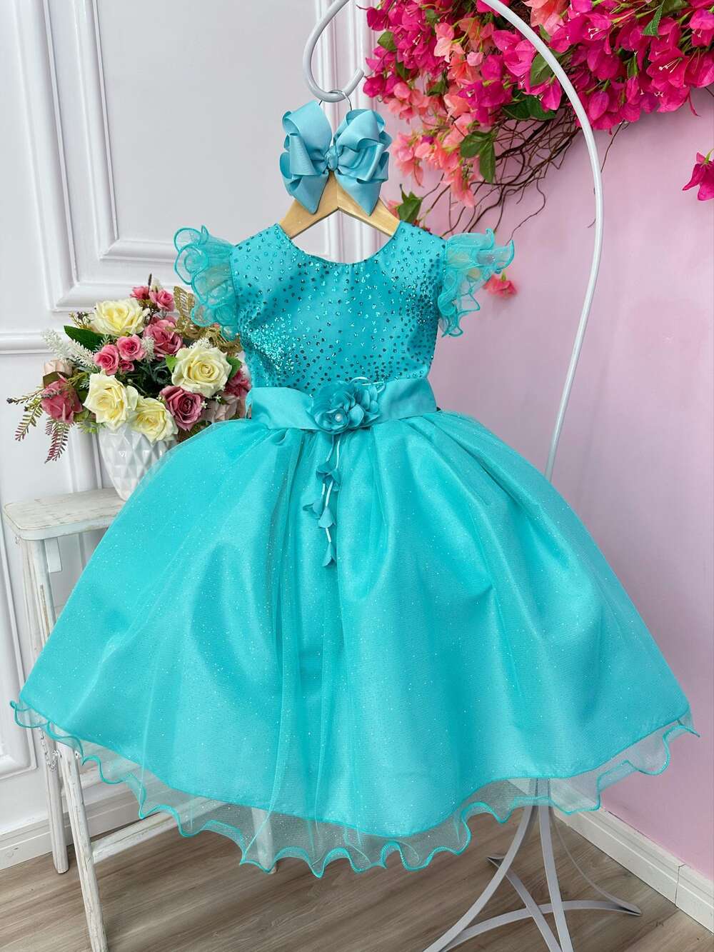 Vestido Infantil Verde Com Glitter e Broche de Flor Luxo