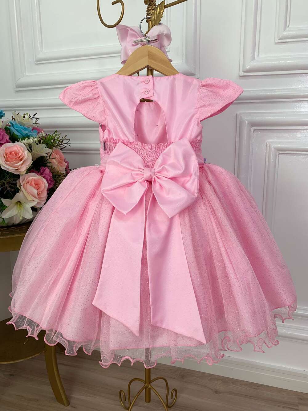 Vestido Infantil Rosa C/ Aplique de Flores Glitter Pérolas