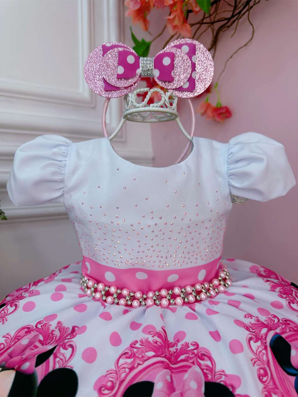 Vestido Infantil Minnie Rosa Bolinhas Pérolas C/ Tiára