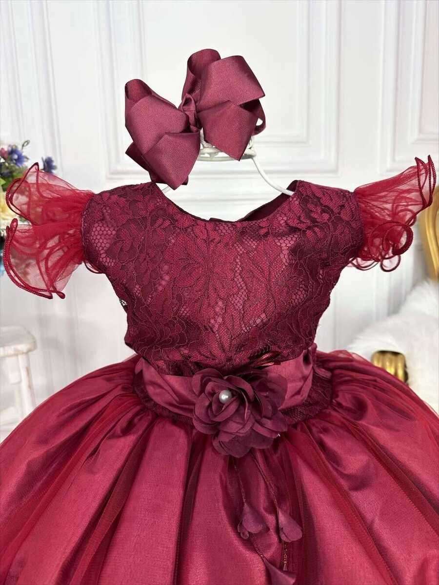 Vestido Infantil Marsala C/ Renda e Broche de Flor e Pérola