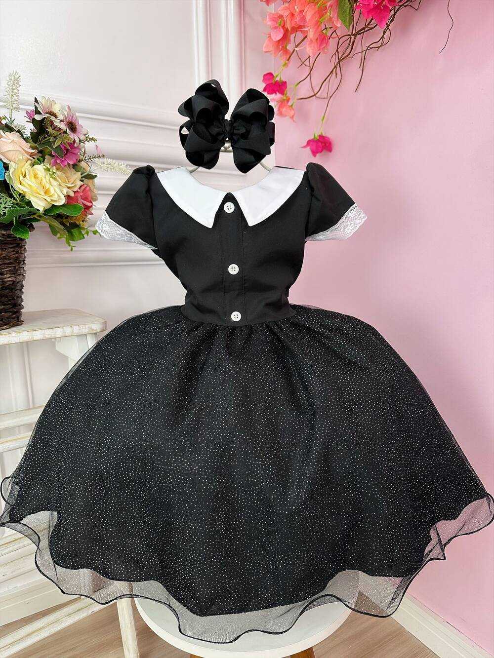 Vestido Infantil Wandinha Preto Saia C/ Glitter