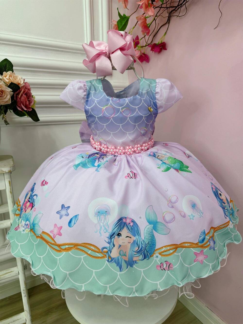 Vestido Infantil Rosa e Lilás Sereia Escamas e Cinto Pérolas