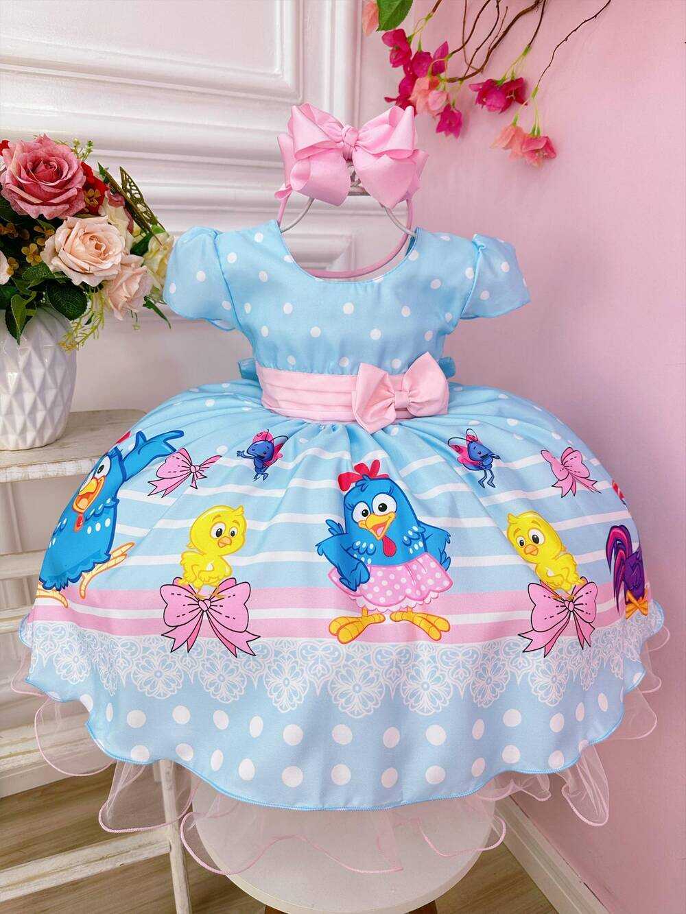 Vestido Infantil Galinha Pintadinha e Amigos Azul Festas