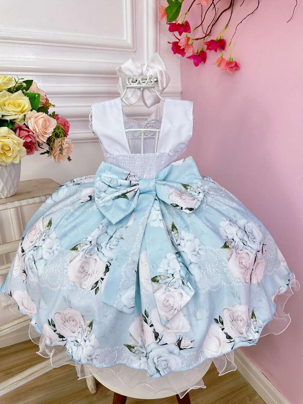 Vestido Infantil Peito Nervura Branco Azul Florido Pérola