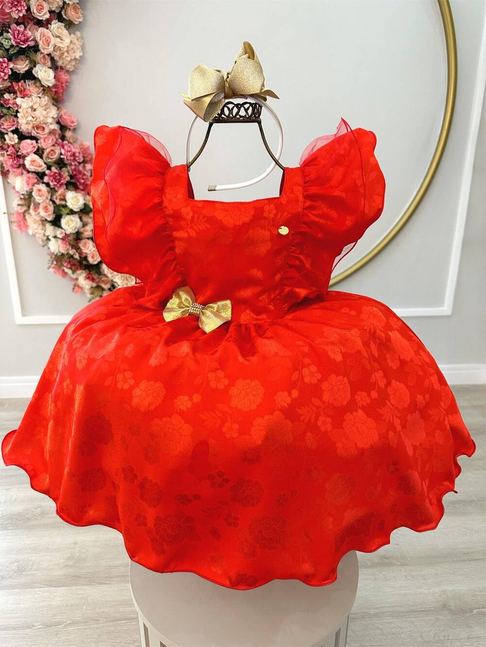 Vestido Infantil Vermelho Jacquard Broche Dourado Natal Festa