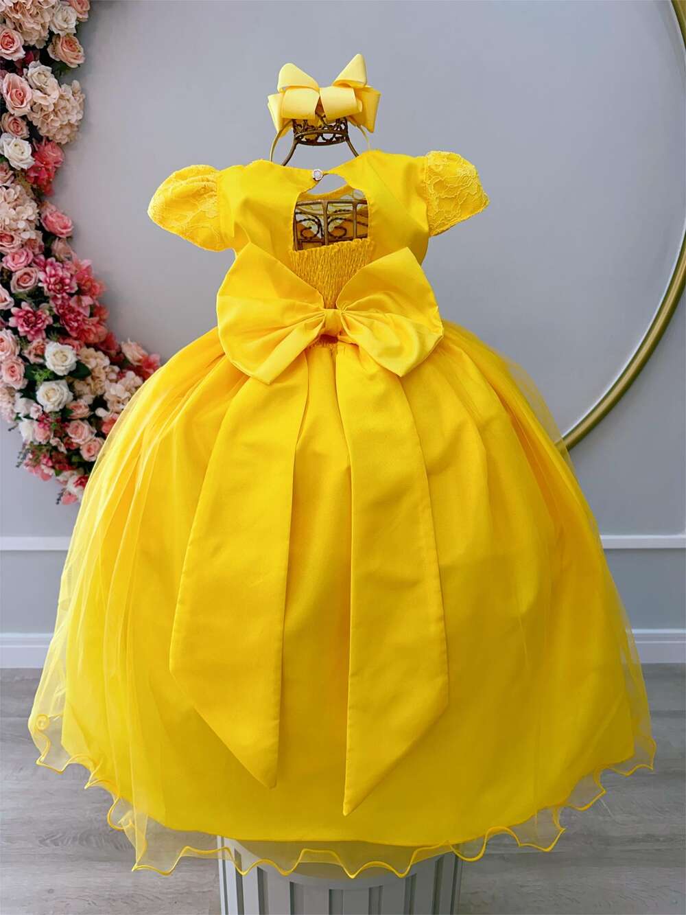 Vestido Infantil Amarelo Damas Honra Casamento Pérolas Renda