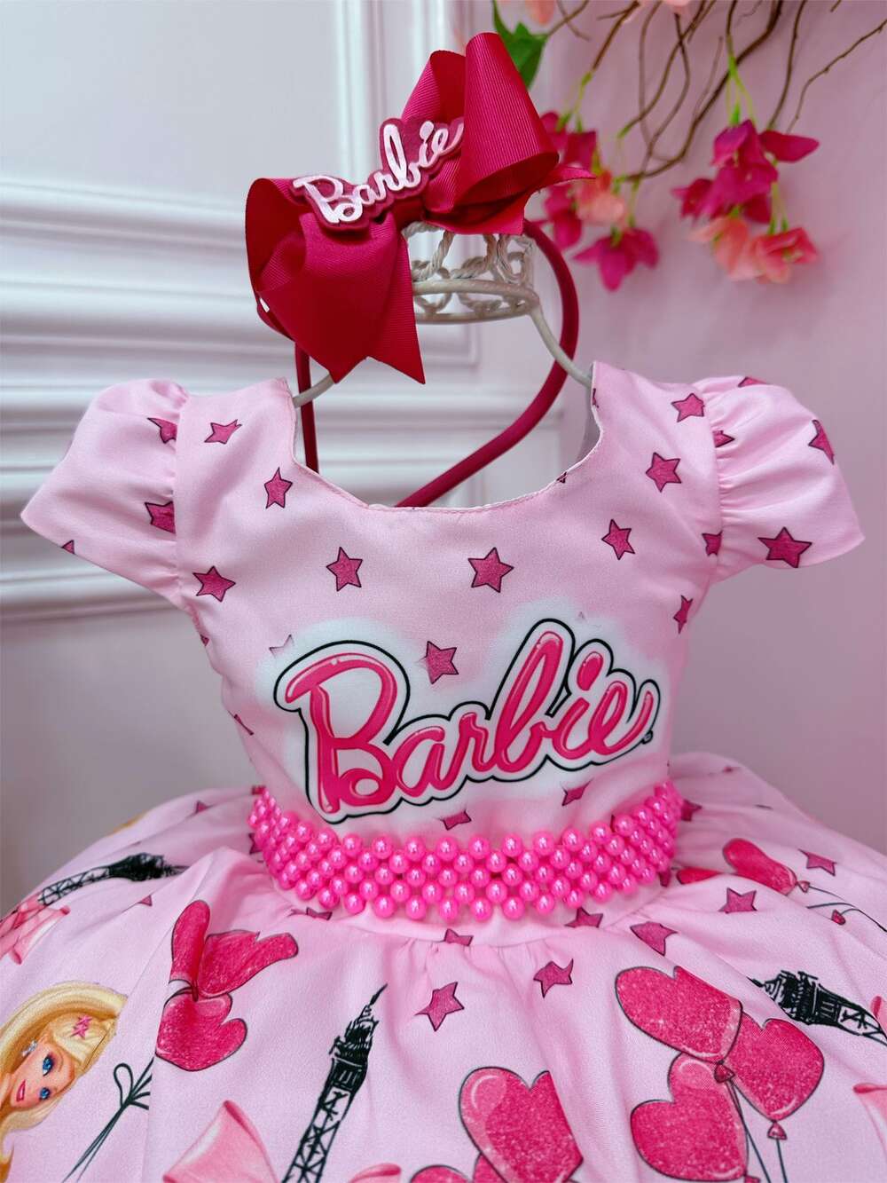 Vestido Infantil Barbie em Paris Rosa e Pink Cinto Pérolas