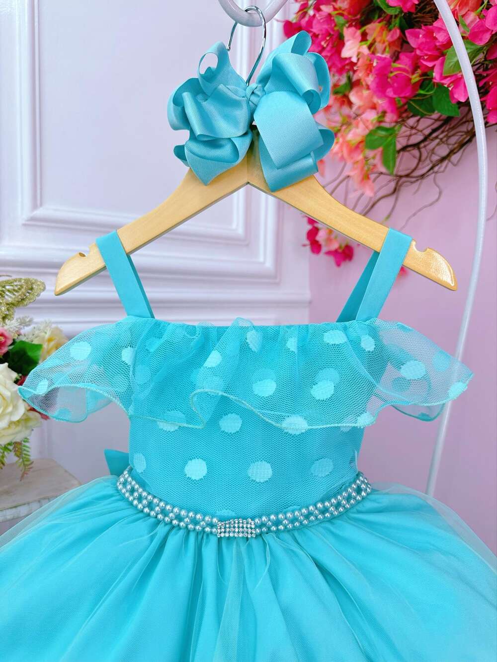 Vestido Infantil Verde Tiffany Bolinhas C/ Pérolas e Strass