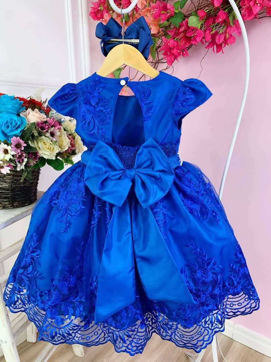 Vestido Infantil Azul Royal C/ Renda Realeza Cinto Pérolas