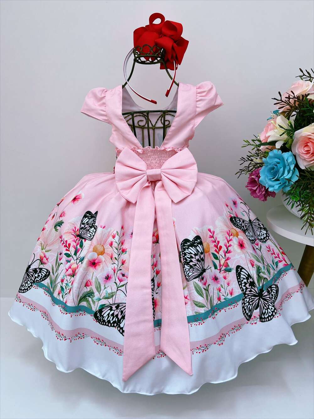 Vestido Infantil Rosa Borboletas Florido Cinto de Pérolas