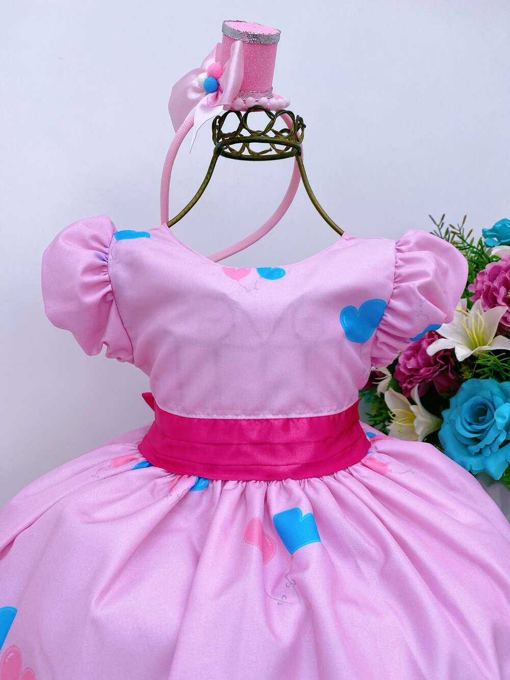 Vestido Infantil Rosa Circo Corações Laço Pink Super Luxo