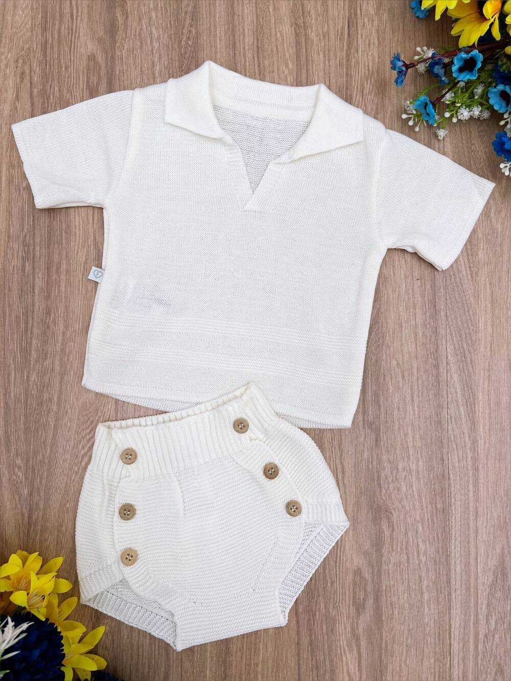 Conjunto Baby Camisa e Tapa Fralda Tricot Meninos Marfim