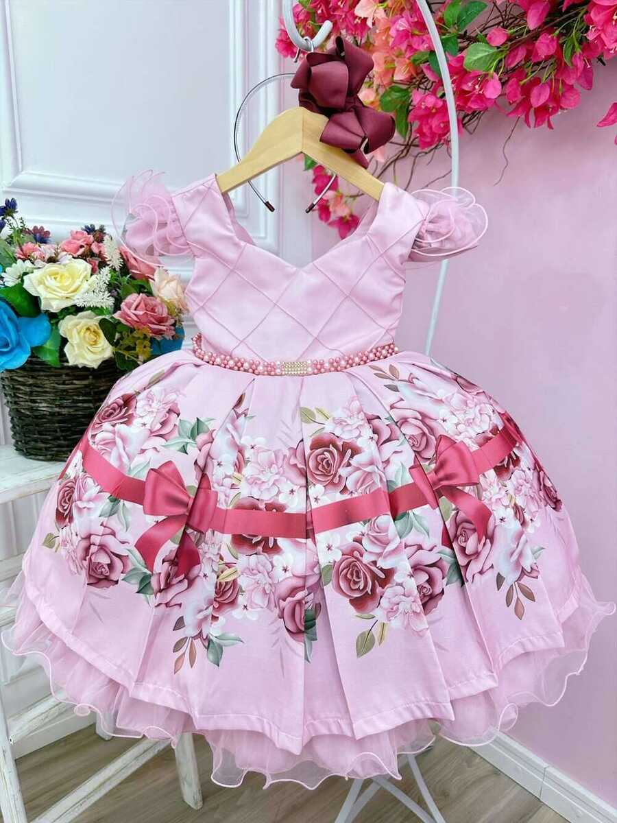 Vestido Infantil Rosa Florido Busto Nervura Cinto de Pérolas