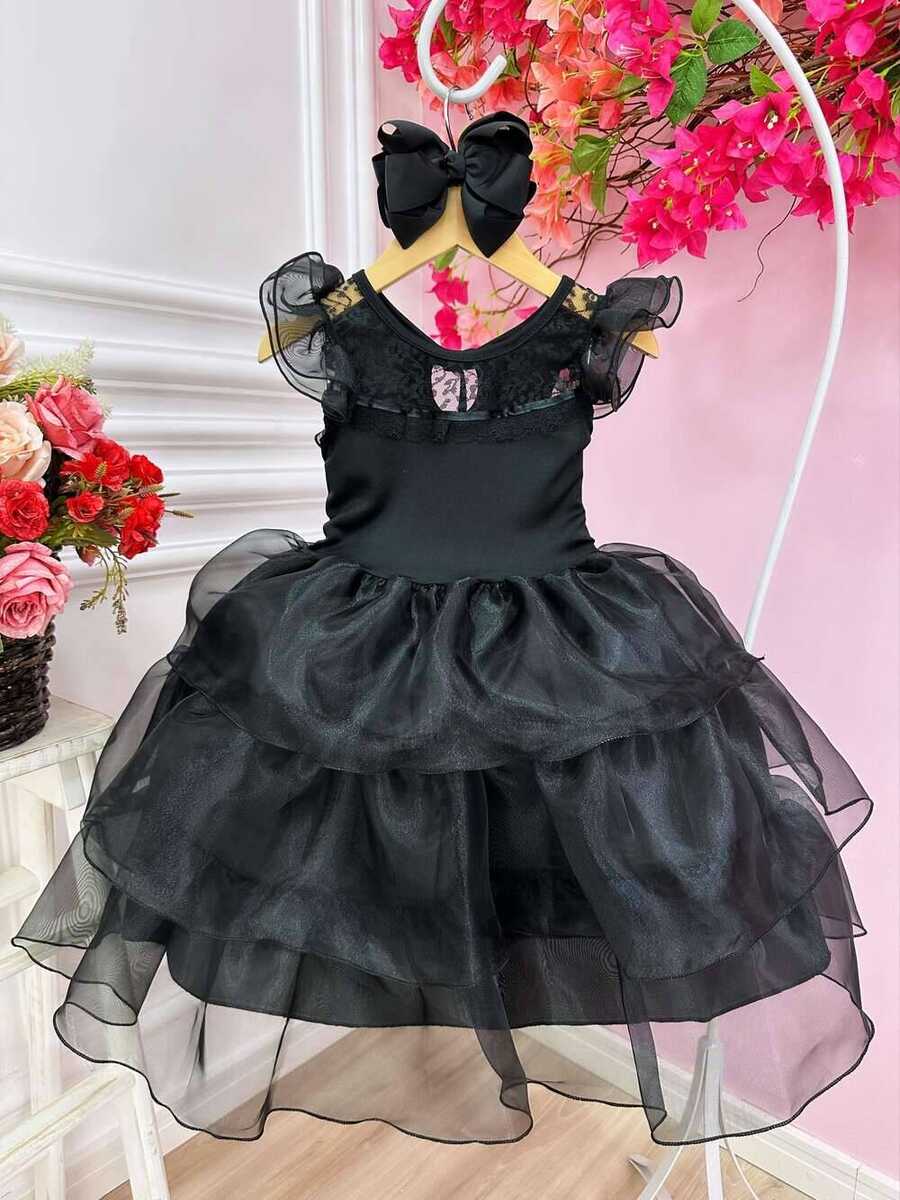 Vestido Infantil Wandinha Preto Com Babados Luxo