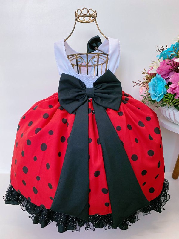 Vestido Infantil Lady Bug Branco e Vermelho com Lacinho