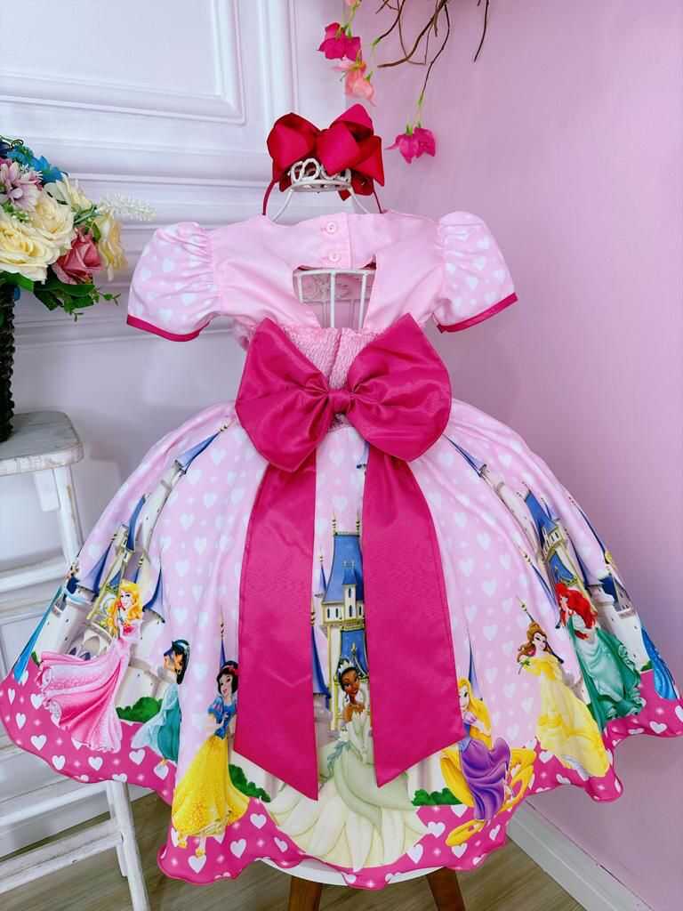 Vestido Infantil Encontro das Princesas Rosa C/ Corações