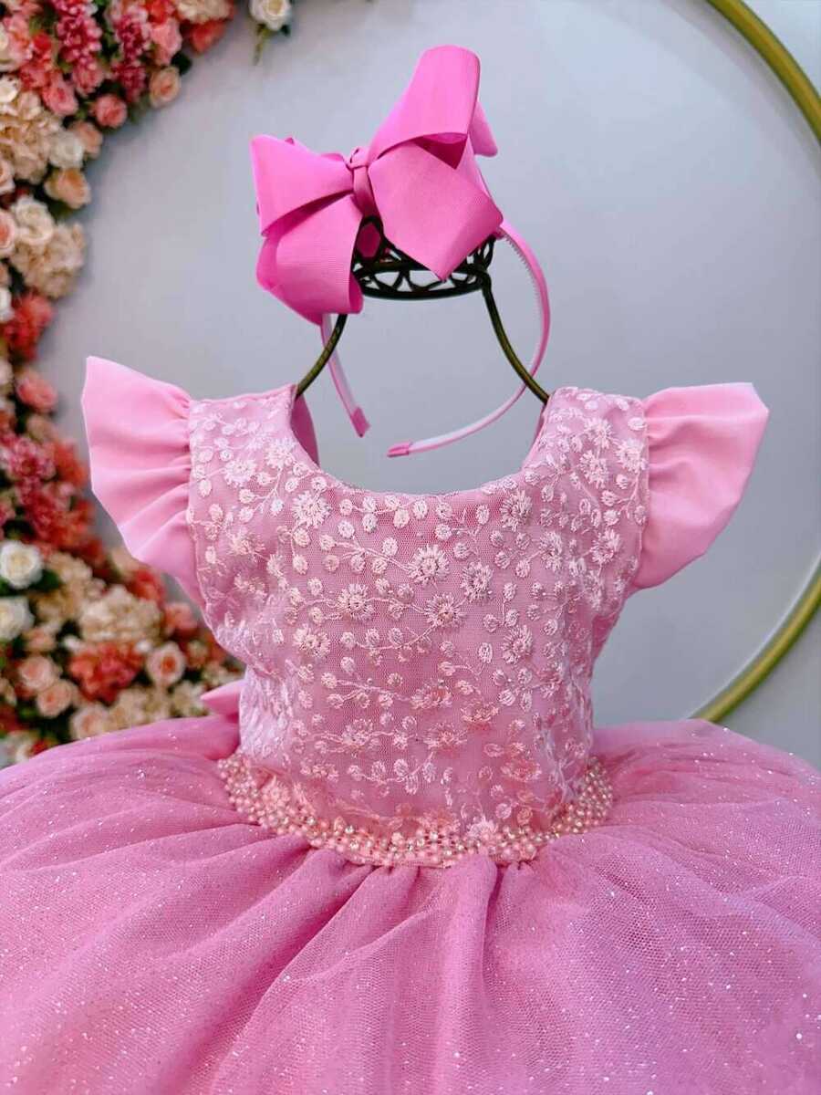 Vestido Infantil Rosa C/ Renda e Glitter Cinto Strass Festas