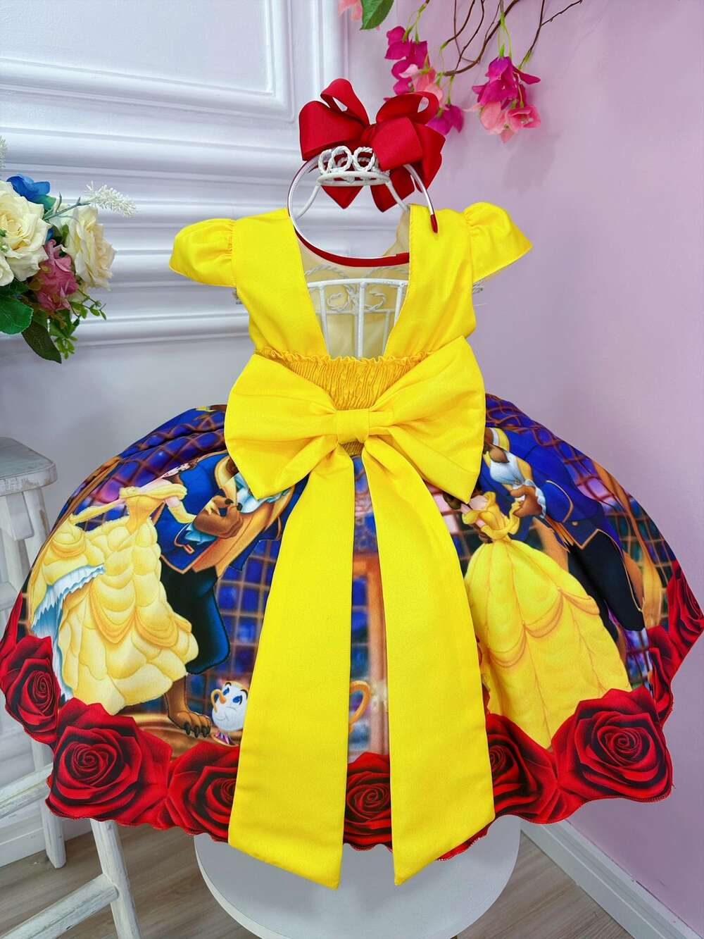 Vestido Infantil Bela e a Fera Amarelo C/ Cinto de Pérolas