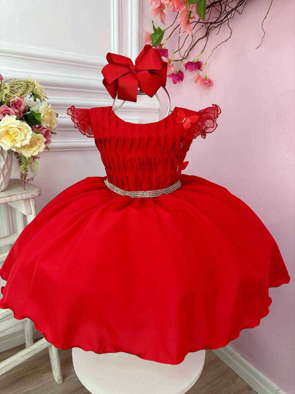 Vestido Infantil Vermelho Busto Plissado Strass Flores Natal