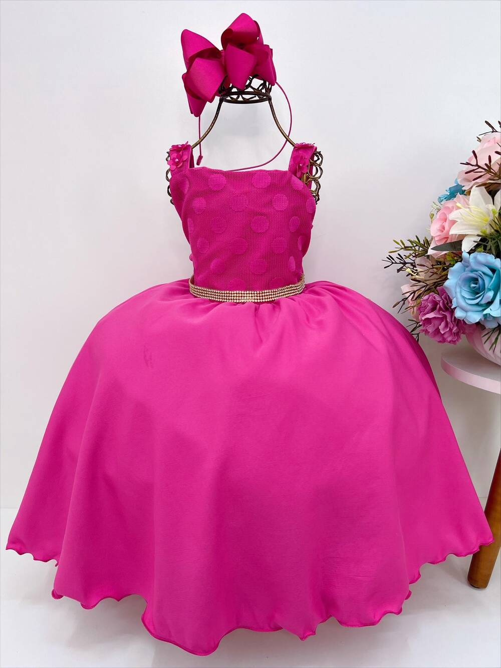 Vestido Infantil Pink Bolinhas Aplique de Flores Strass