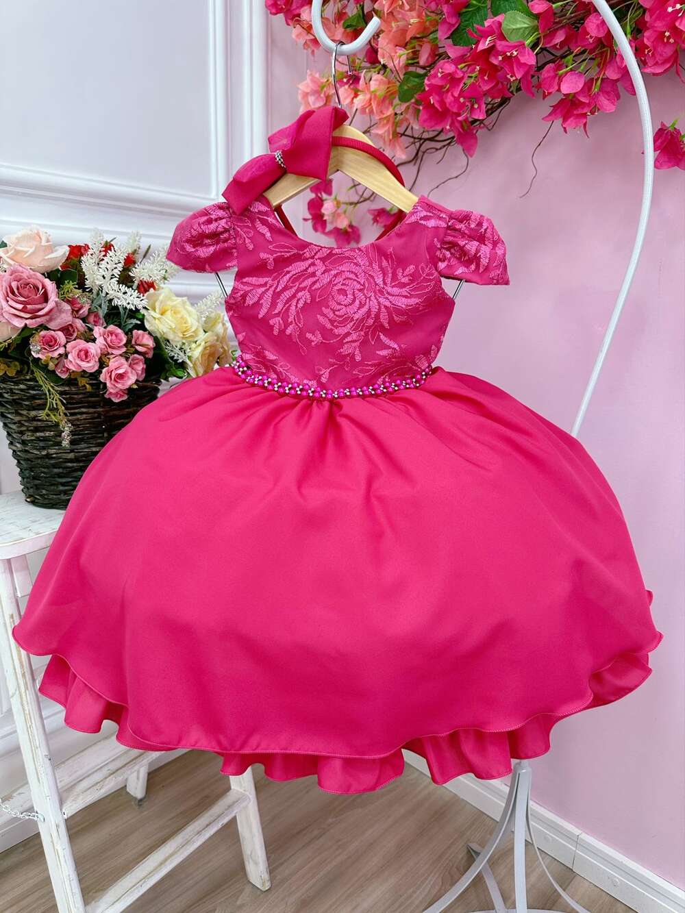 Vestido Infantil Pink Com Renda e Cinto de Pérolas Tiara