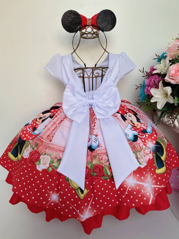 Vestido Infantil Minnie Vermelha Luxo Cinto de Pérolas