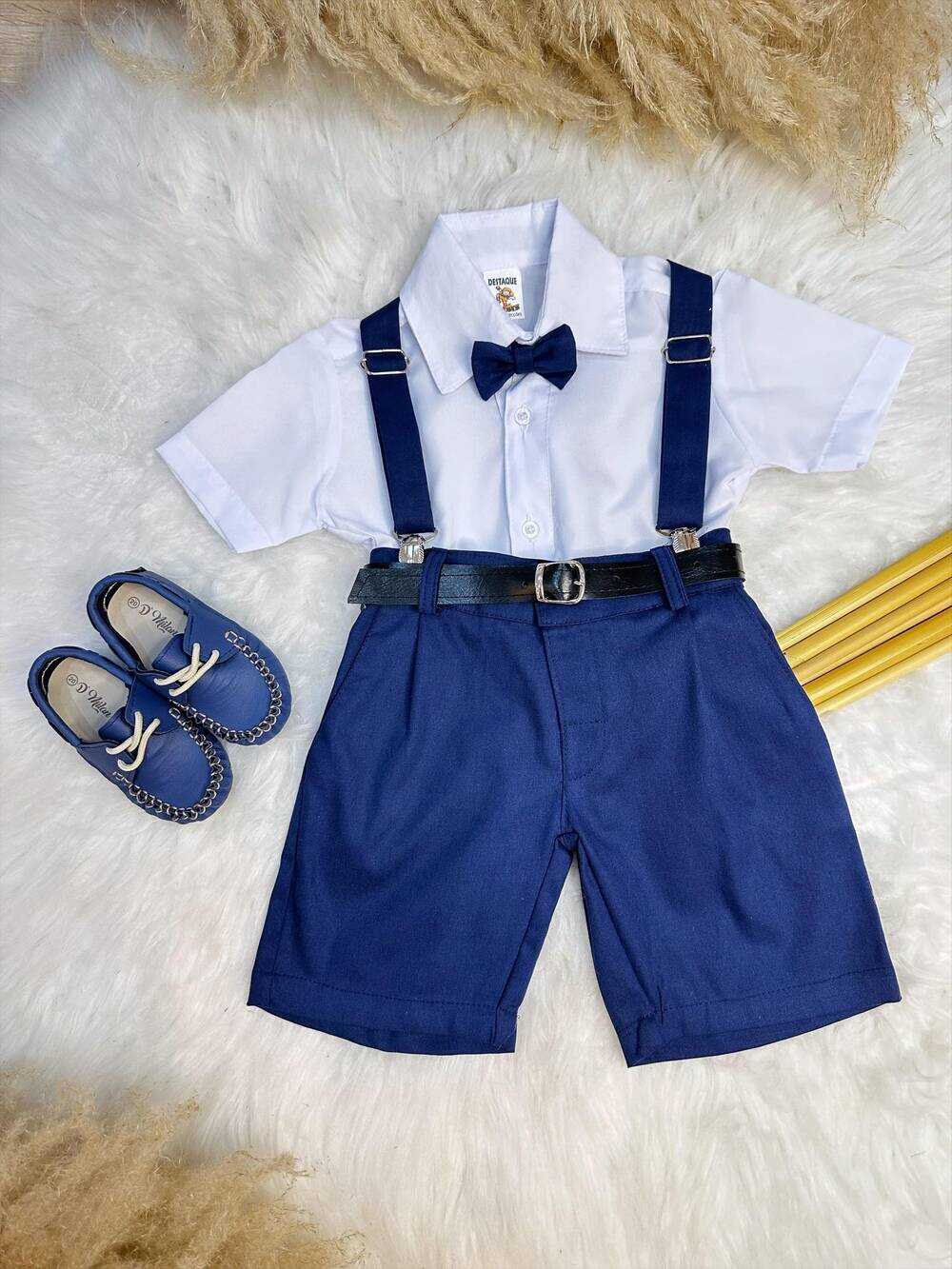 Conjunto Social Camisa Gravata Short e Susp. Azul Marinho