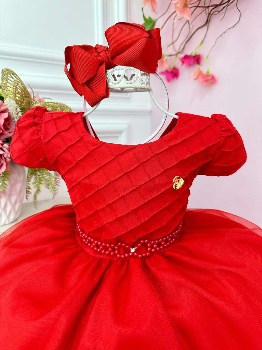 Vestido Infantil Vermelho Busto Nervura Cinto Pérolas Festas