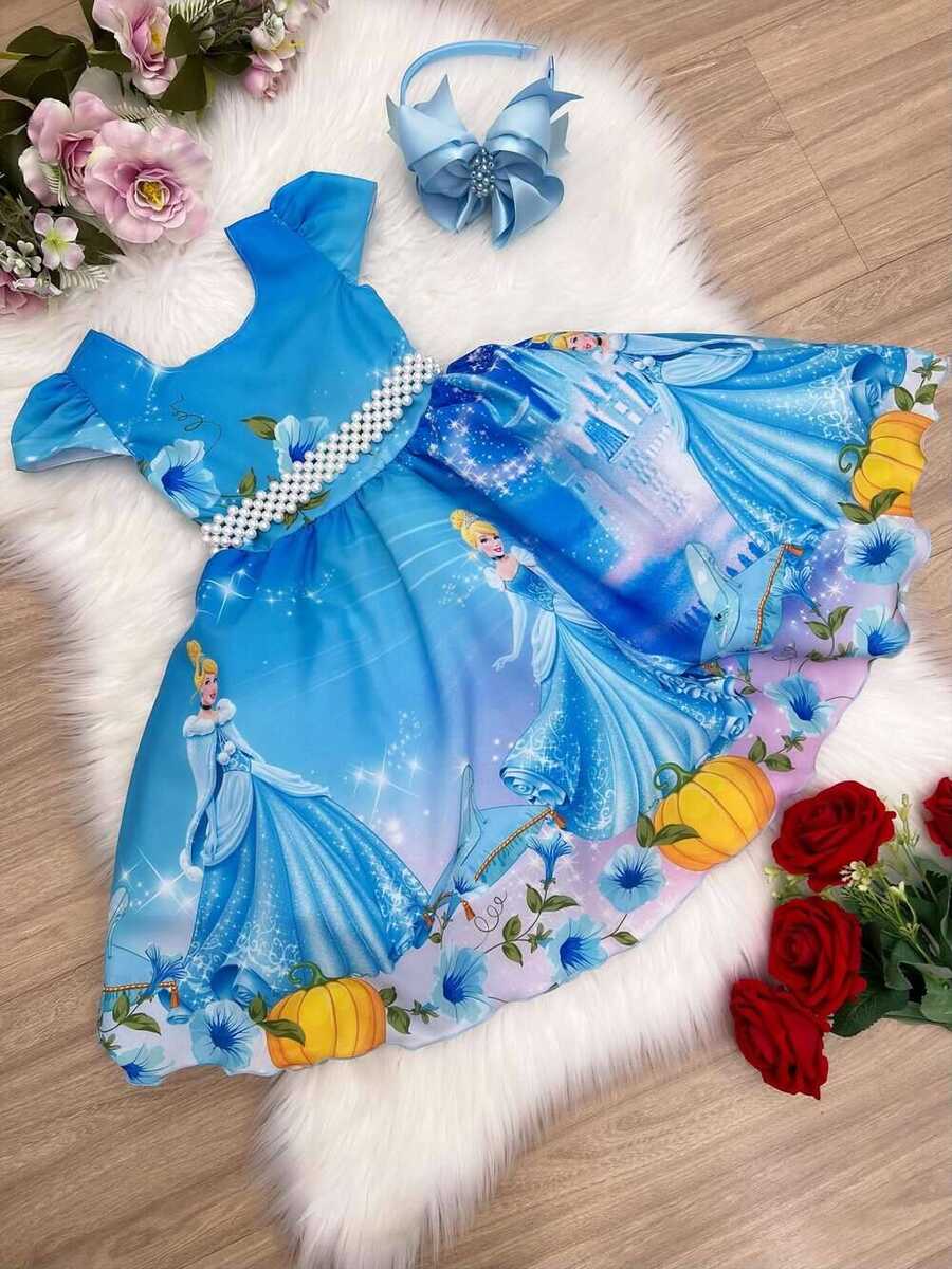 Vestido Infantil Cinderela Azul Cinto Pérolas Luxo Princesas