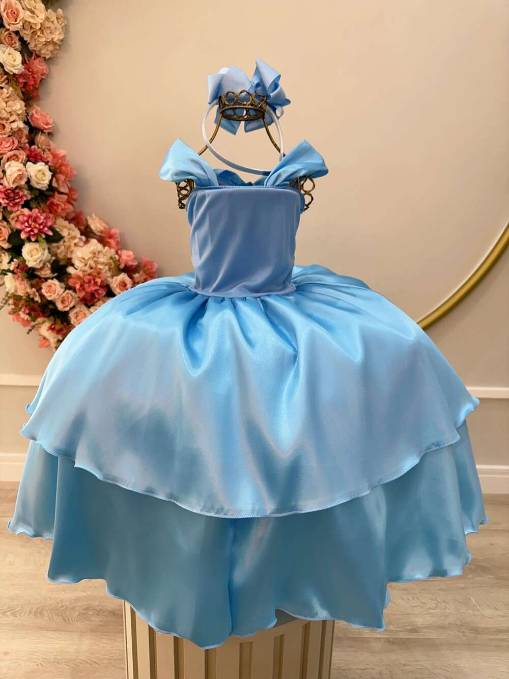 Fantasia Infantil Frozen Cinderela Tule Brilho Azul Serenity