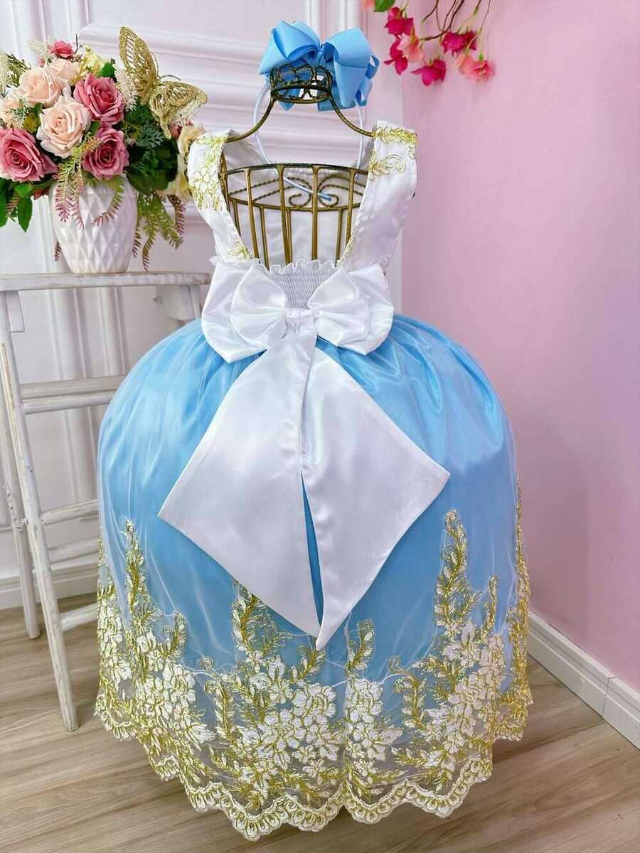 Vestido Infantil Branco Com Azul e Renda Realeza Daminhas