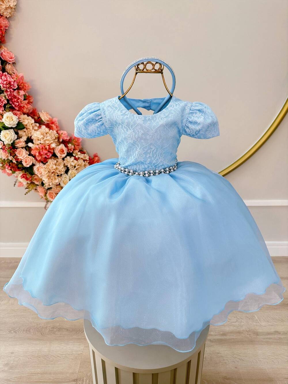 Vestido Infantil Azul Damas Renda Cinto Pérolas Tiara