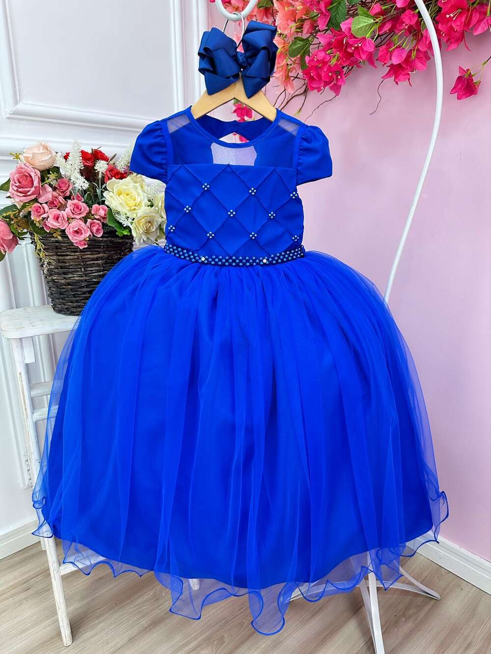 Vestido Infantil Azul Royal C/ Busto Nervura e Pérolas Damas