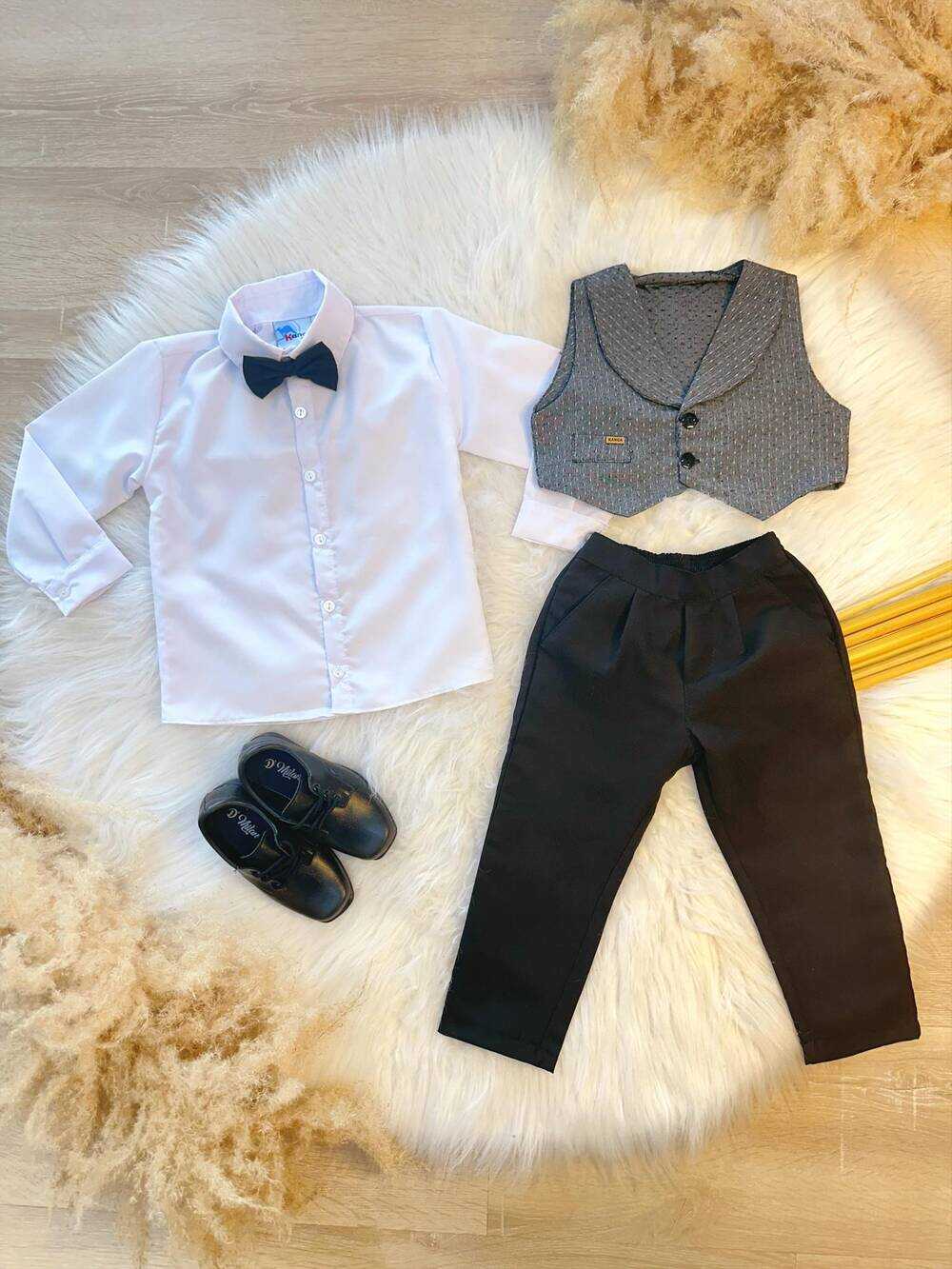 Conjunto Social Camisa Calça Gravata Preto e Colete Cinza